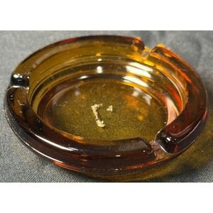 Vintage Amber  Glass  Small Ashtray  Round  3 Rest Bays 4" MCM Retro Dark